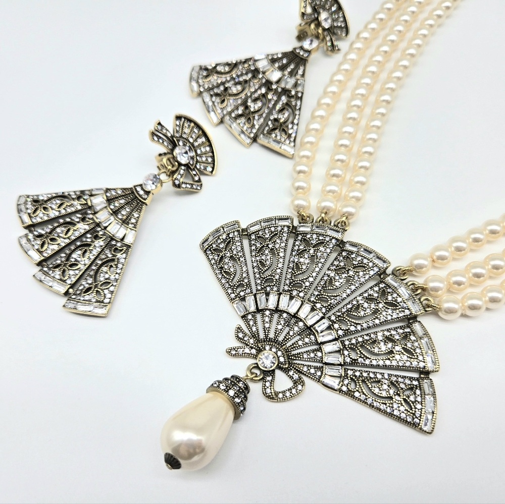 Heidi Daus Clear Diamond Swarovski Crystal + Pearl Art Deco Fan Jewelry Set